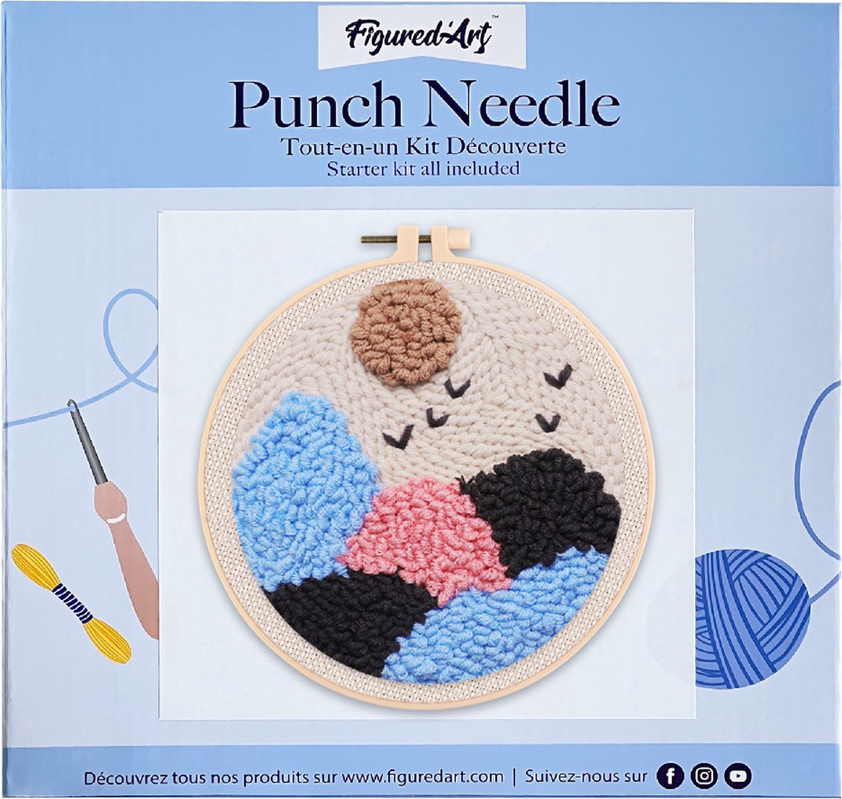 FiguredArt Punch Needle Kit voor Volwassenen en Kinderen - Glooiende heuvels - Perfect voor Beginners. Compleet klaar-om-te-borduren set, maat 20x20 cm met ronde frame